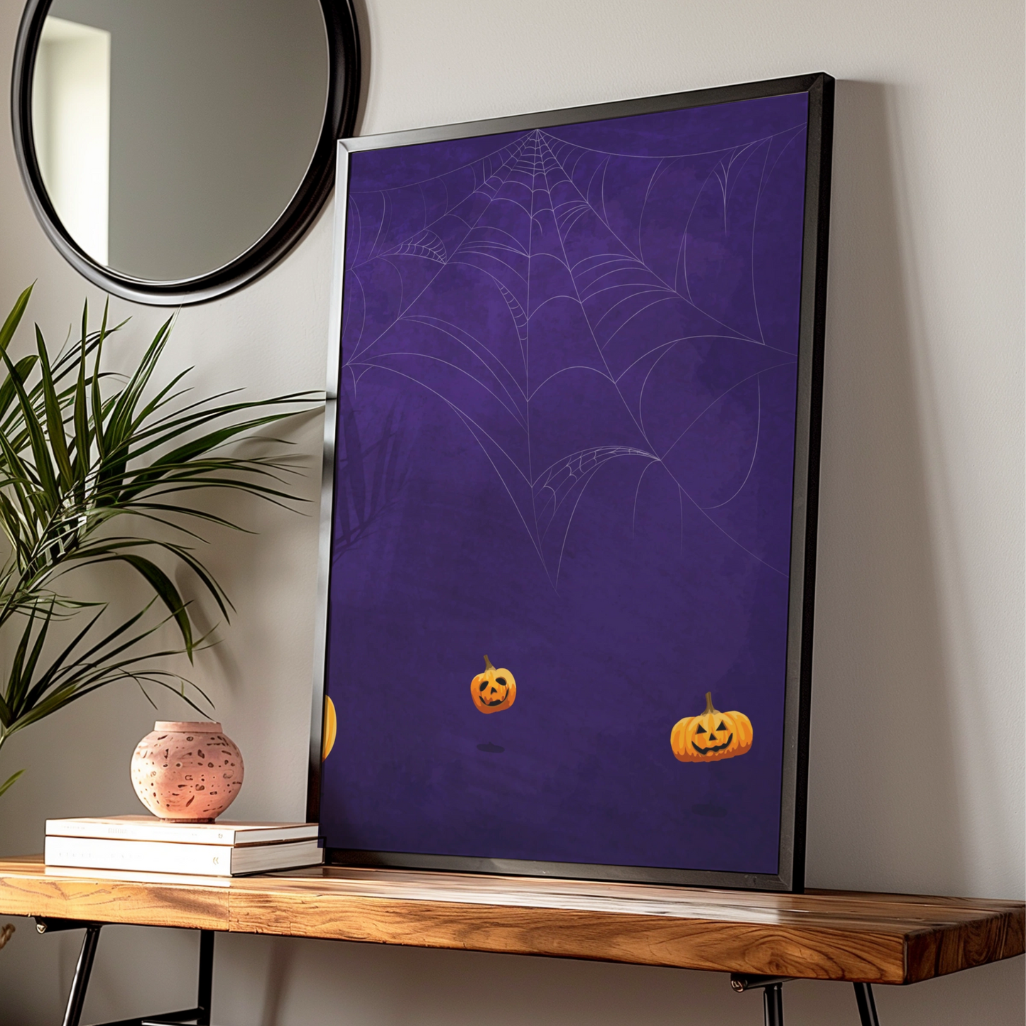 Halloween Pumpkin Spider Web Poster, Jack O Lantern Wall Art, Spooky Purple Print