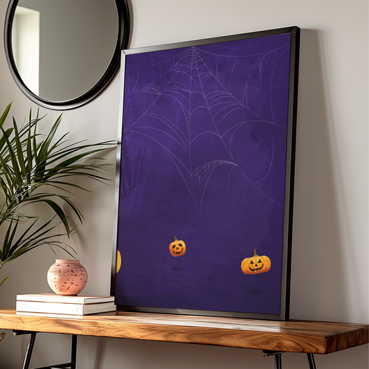 Halloween Pumpkin Spider Web Poster, Jack O Lantern Wall Art, Spooky Purple Print