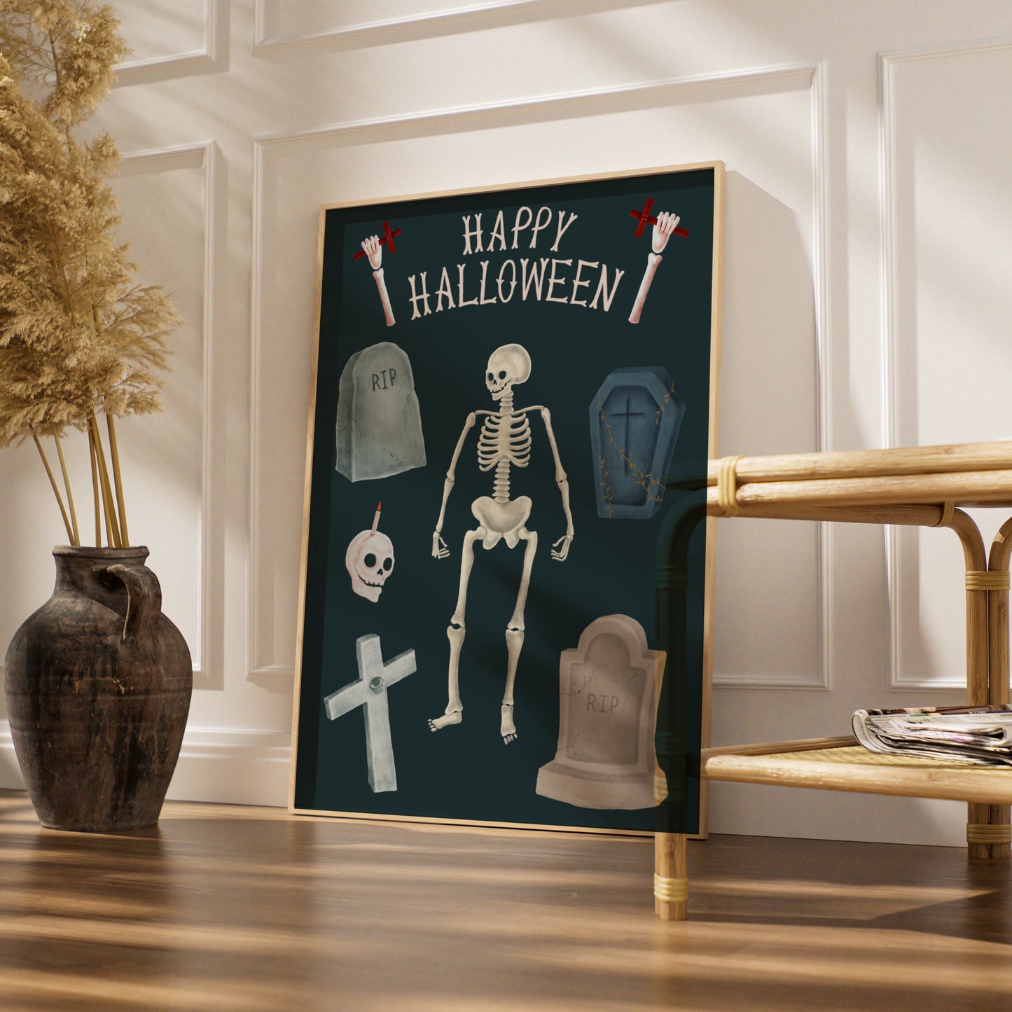 Happy Halloween Skeleton Poster, Spooky Graveyard Wall Art, Skull Coffin RIP Print