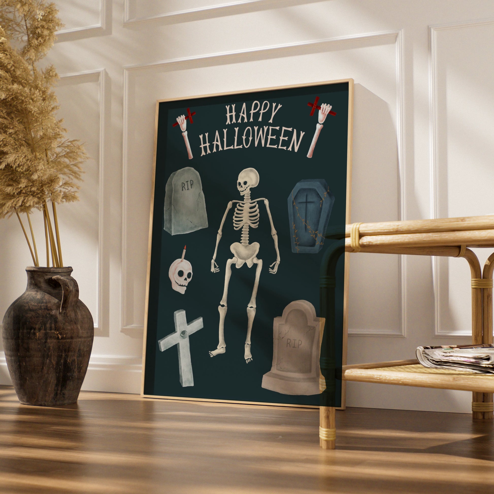 Happy Halloween Skeleton Poster, Spooky Graveyard Wall Art, Skull Coffin RIP Print