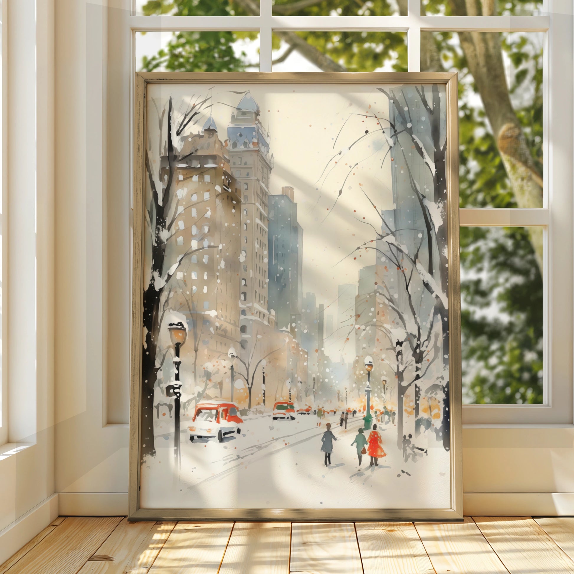 Christmas New York City Snow Poster, Winter NYC Watercolour Wall Art Print
