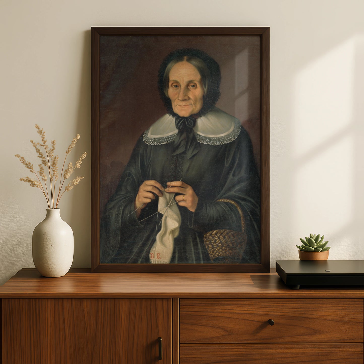 Victorian Woman Knitting Portrait Poster, Dark Antique Oil Painting Wall Art Print