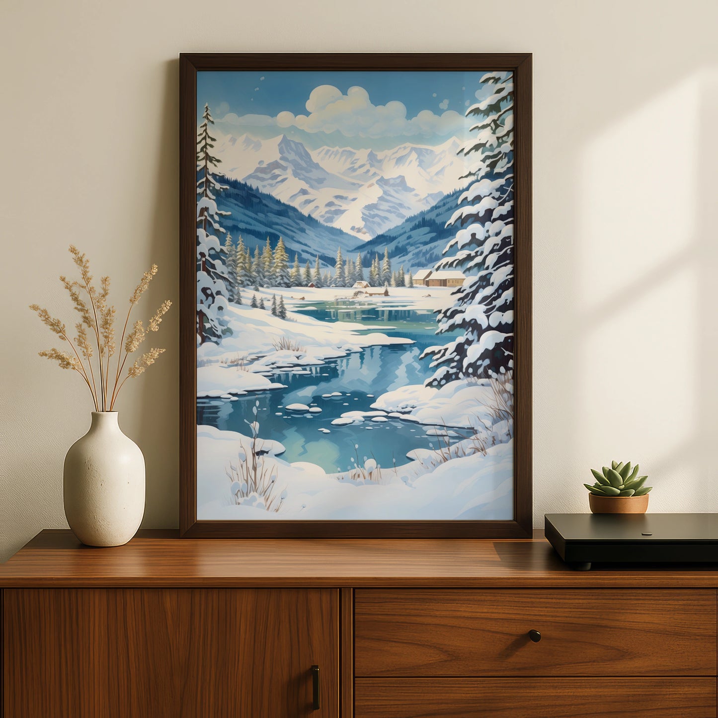 Christmas Winter Landscape Poster, Snowy Mountain Scene, Blue Festive Wall Art Print