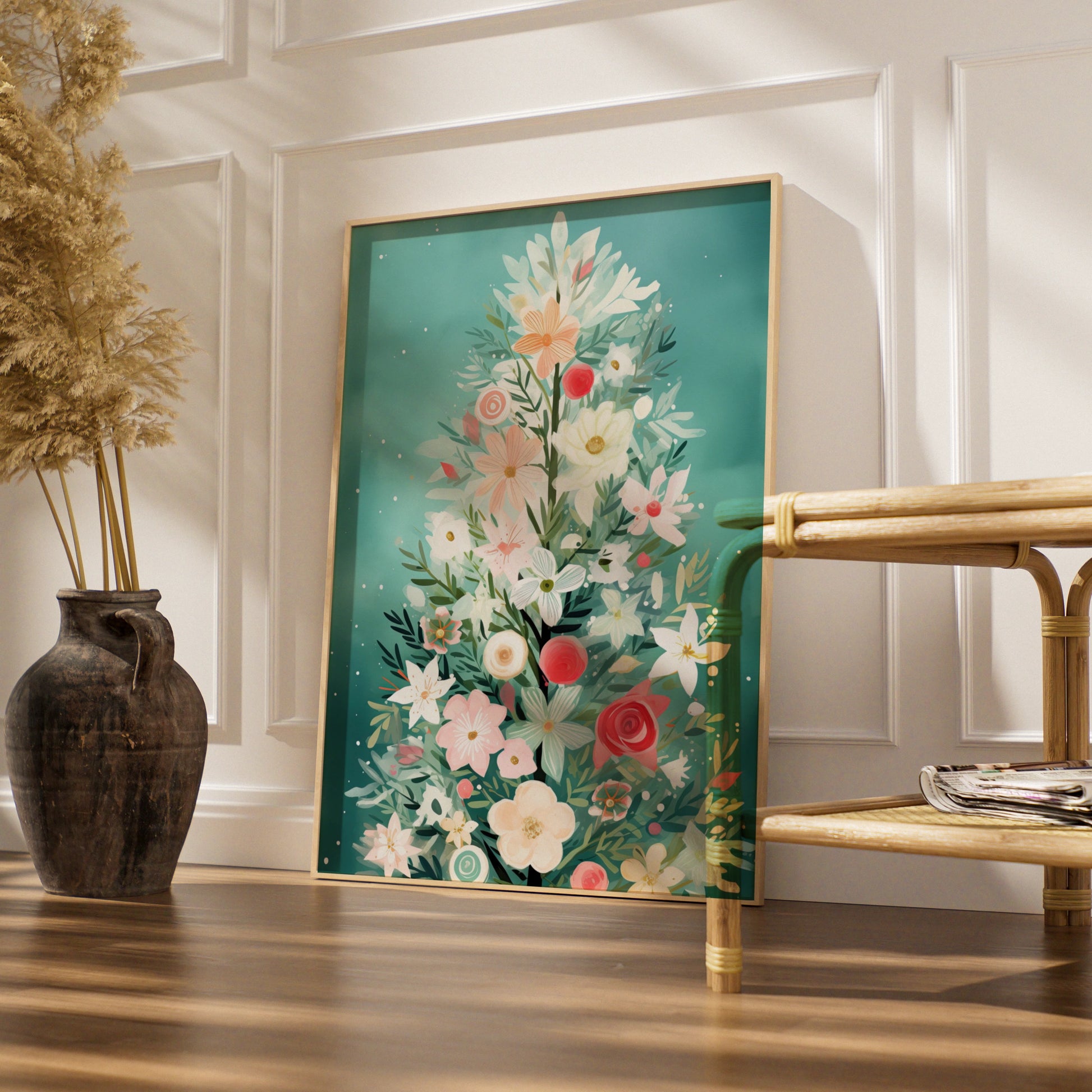 Floral Christmas Tree Poster, Botanical Xmas Wall Art, Pastel Teal Festive Print