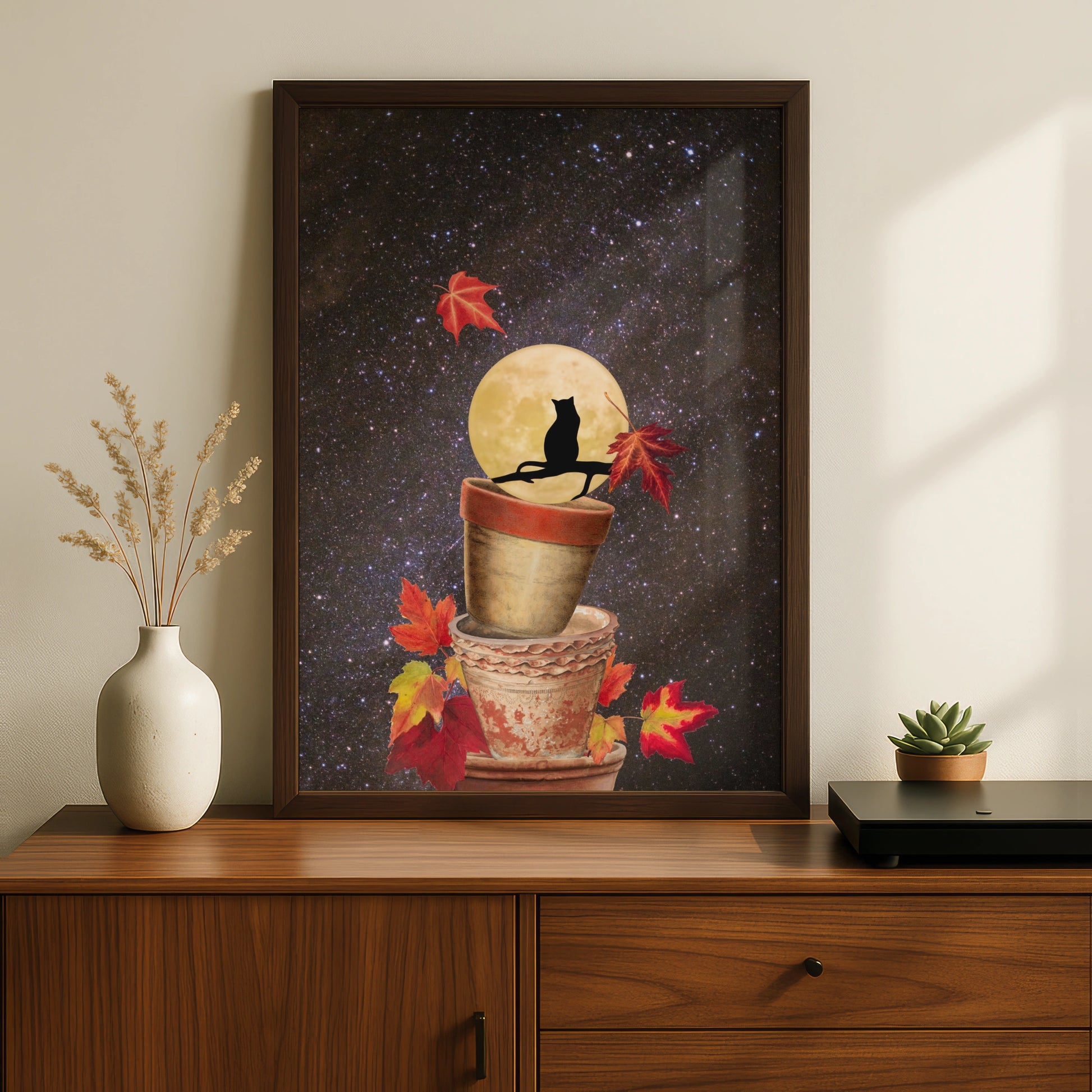 Halloween Black Cat Full Moon Poster, Autumn Leaves Night Sky Wall Art Print