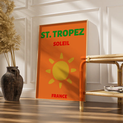 St Tropez Travel Poster, France Wall Art, Retro Sun Print, French Riviera Decor