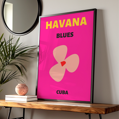 Havana Cuba Travel Poster, Retro Wall Art, Bold Floral Print, Bright Pink Caribbean Decor