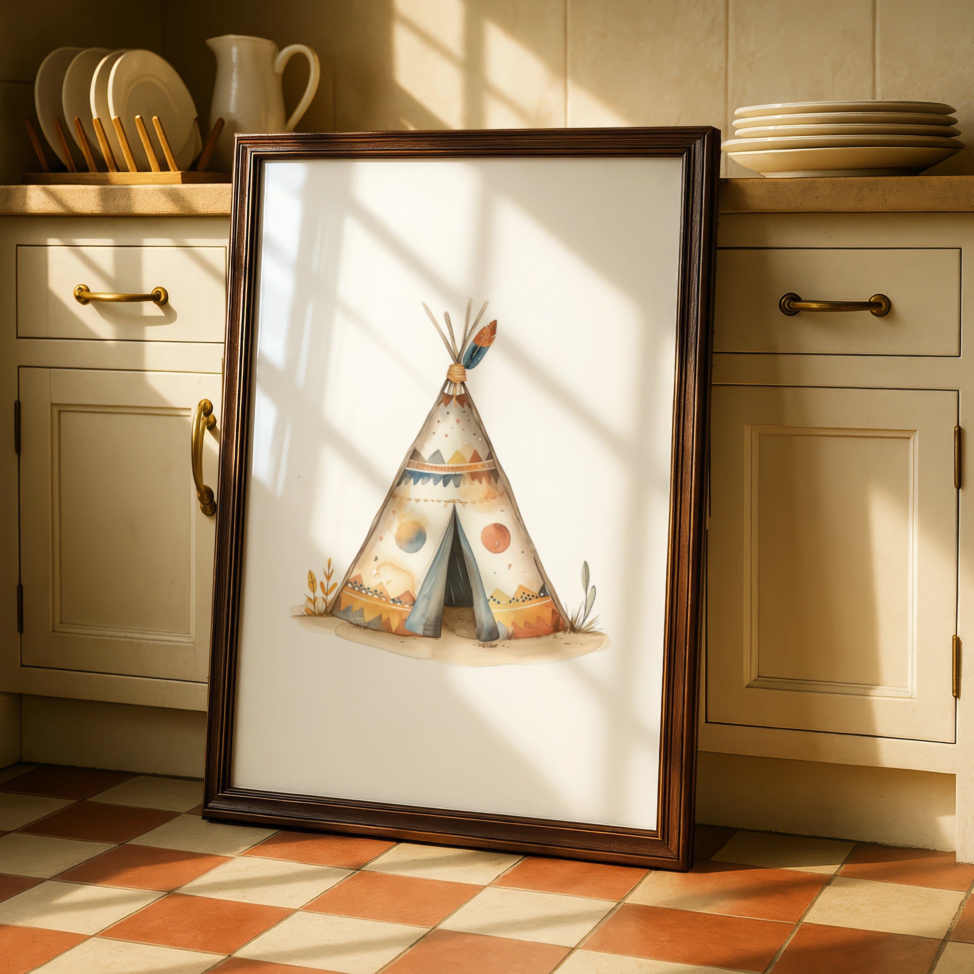 Boho Teepee Nursery Wall Art, Tribal Tipi Poster, Baby Boy Room Decor, Watercolour Print