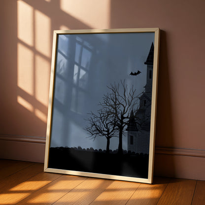 Halloween Haunted House Poster, Spooky Full Moon Bat Wall Art, Dark Gothic Print