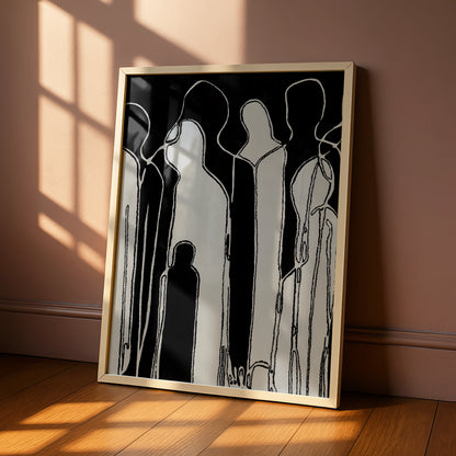 Abstract Figure Group Print, Monochrome Wall Art, Black and White Minimalist Poster, Modern Decor