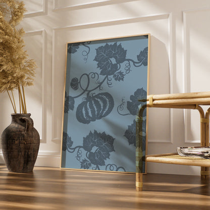 Halloween Pumpkin Vine Wall Art, Blue Grey Botanical Poster, Spooky Autumn Decor Print