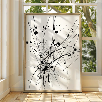 Ink Splatter Abstract Wall Art, Black and White Poster, Modern Monochrome Print