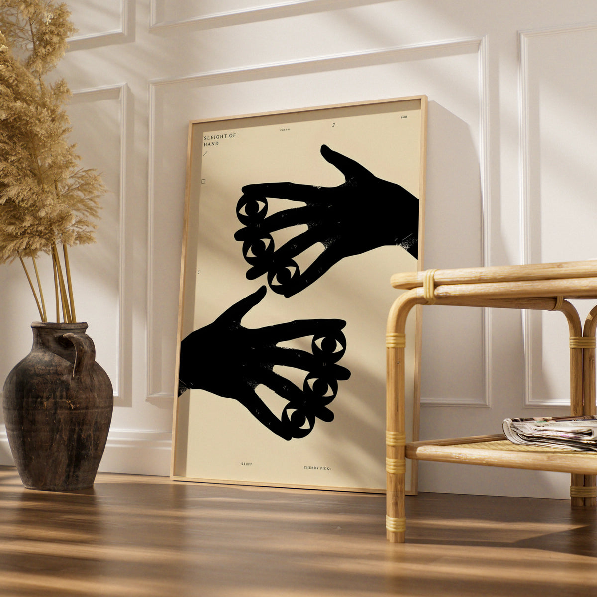 Hands With Eyes Monochrome Wall Art, Surreal Black and White Poster, Modern Minimalist Print