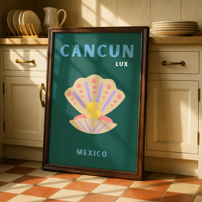 Cancun Mexico Travel Poster, Retro Seashell Wall Art, Mexican Beach Print