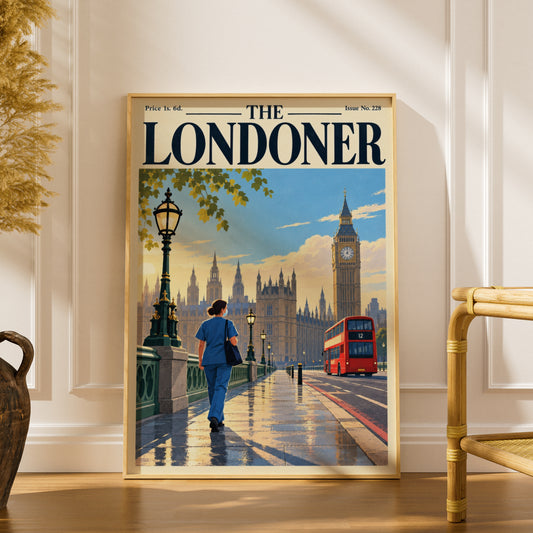 London Poster, Westminster Big Ben Wall Art, Vintage Magazine Cover Art Print, Red Bus, Living Room