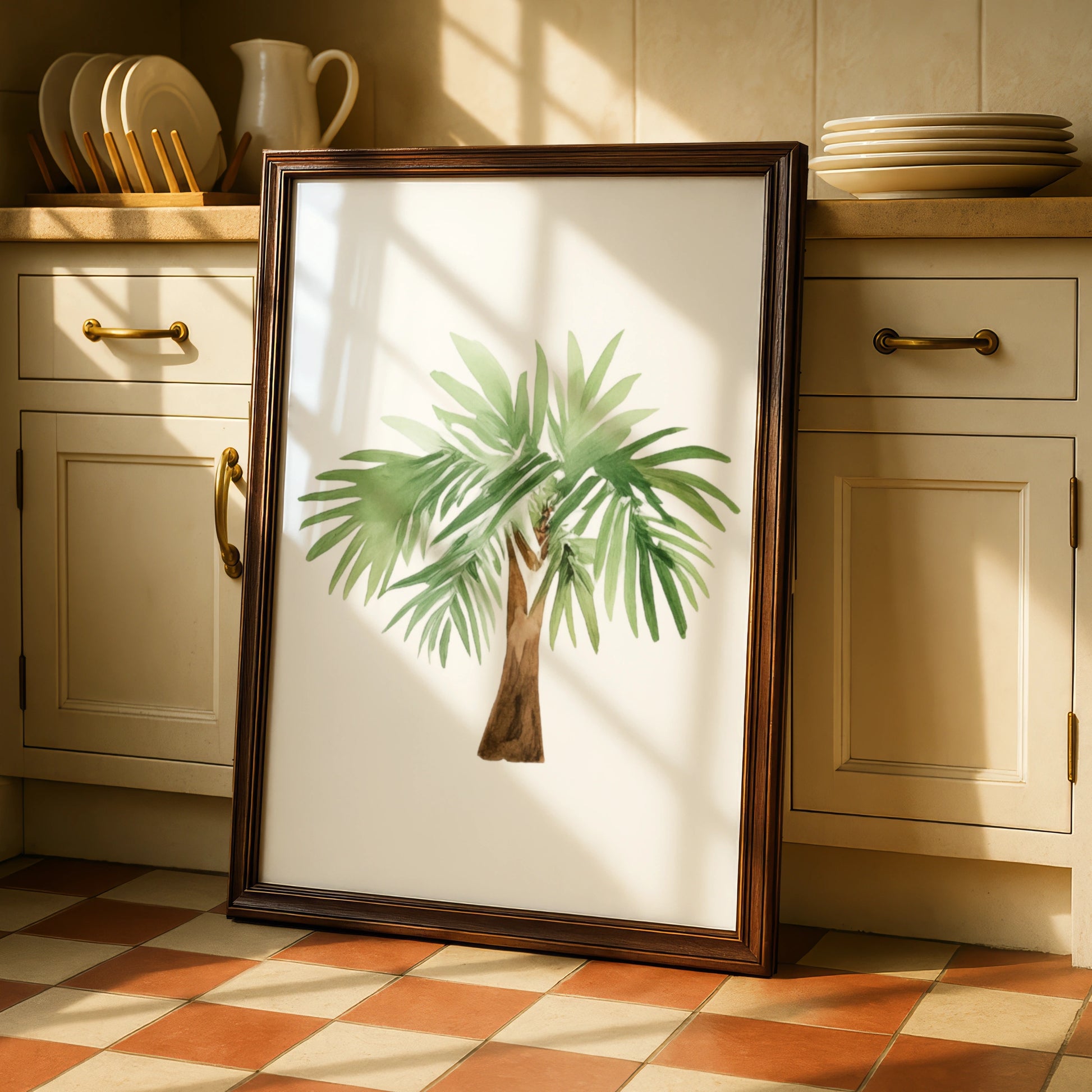 Watercolour Palm Tree Nursery Wall Art, Tropical Green Botanical Kids Room Poster