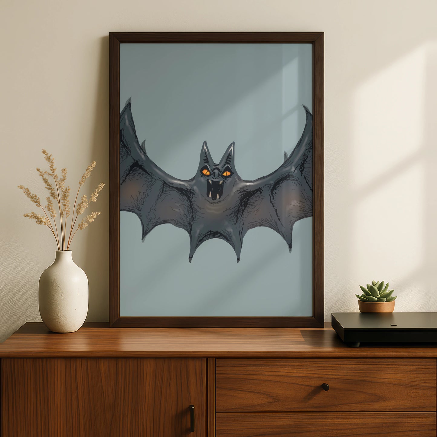 Halloween Bat Wall Art, Spooky Bat Poster, Gothic Horror Print, Orange Eyes Dark Creature