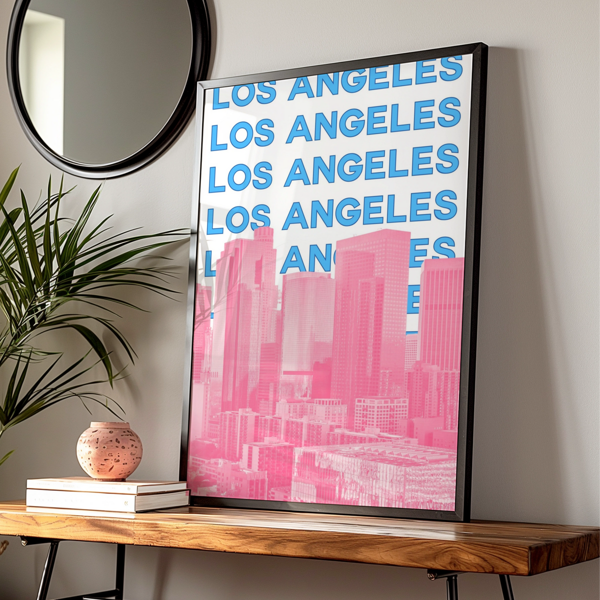 Los Angeles Travel Poster, Retro LA City Wall Art, Pink Blue Skyline Print, California