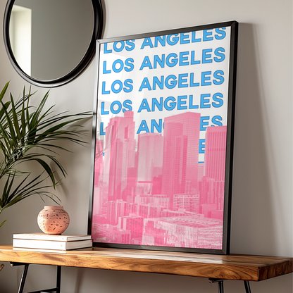 Los Angeles Travel Poster, Retro LA City Wall Art, Pink Blue Skyline Print, California