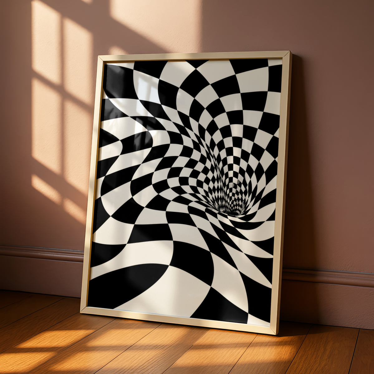 Optical Illusion Checker Vortex Print, Black and White Abstract Poster, Monochrome Wall Art