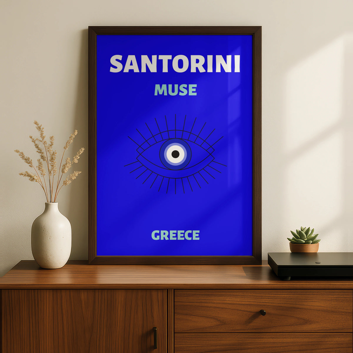Santorini Greece Travel Poster, Evil Eye Wall Art, Greek Island Print, Blue Retro Decor