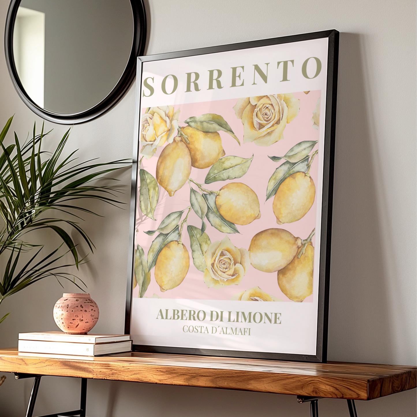 Sorrento Lemon Poster, Maximalist Italian Wall Art, Amalfi Coast Pink Floral Print