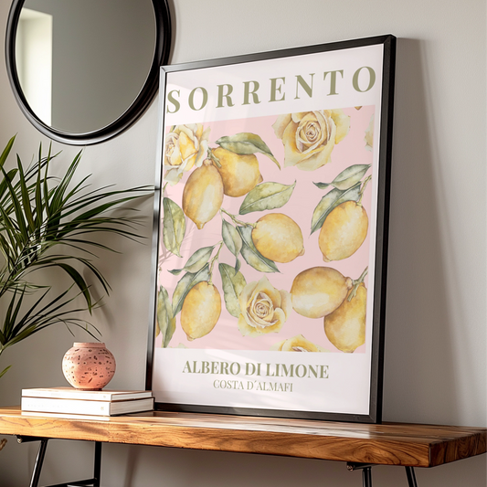 Sorrento Lemon Poster, Maximalist Italian Wall Art, Amalfi Coast Pink Floral Print