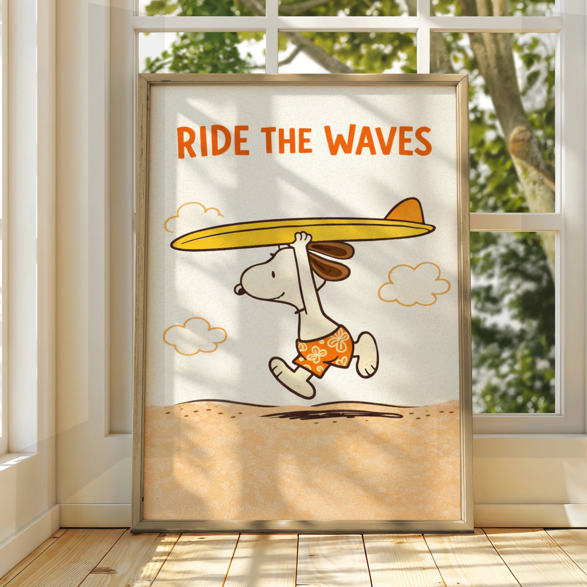 Surfing Dog Cartoon Poster, Ride The Waves Funny Beach Print, Quirky Wall Art