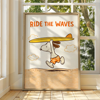 Surfing Dog Cartoon Poster, Ride The Waves Funny Beach Print, Quirky Wall Art