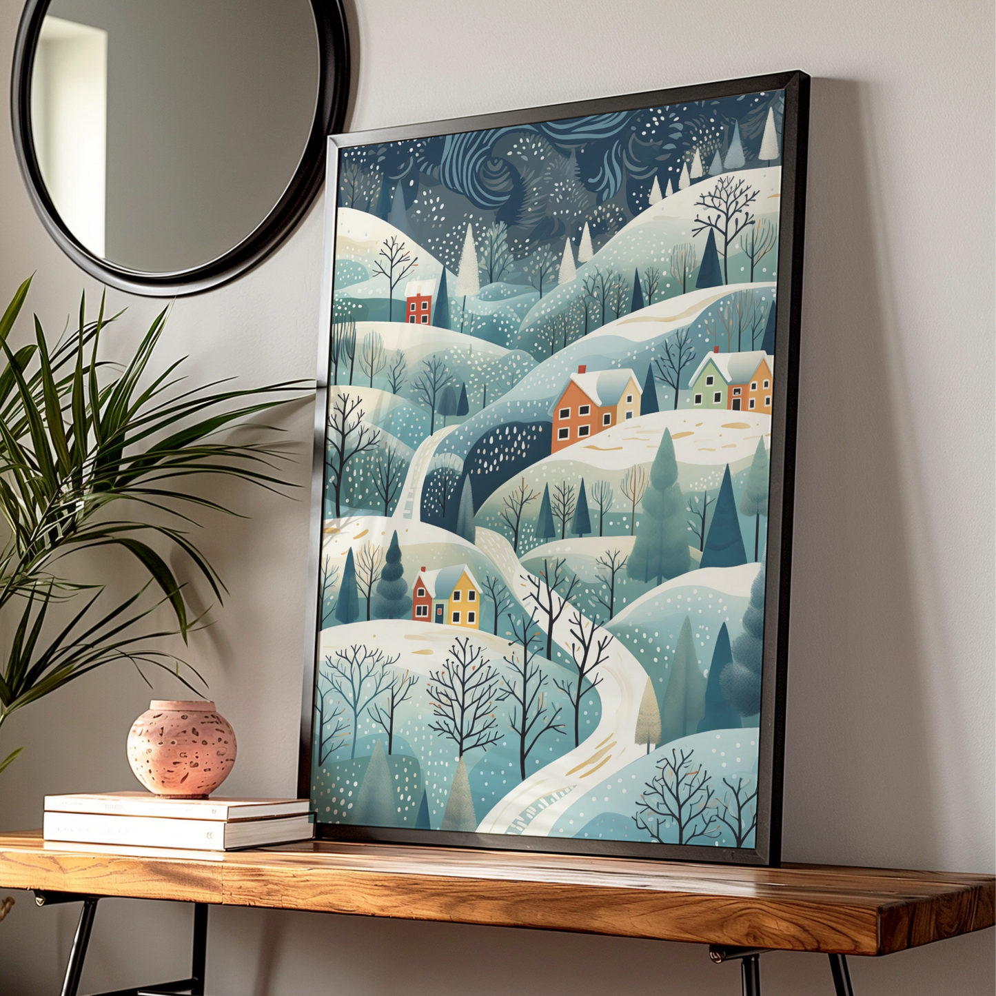 Christmas Village Poster, Snowy Winter Landscape Print, Festive Holiday Wall Art, Scandi Xmas Decor