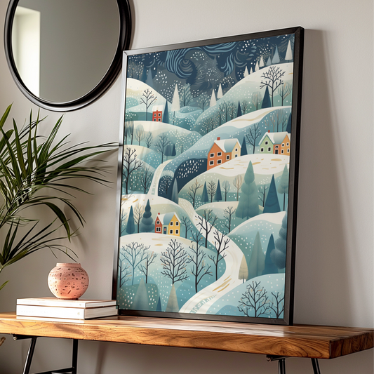 Christmas Village Poster, Snowy Winter Landscape Print, Festive Holiday Wall Art, Scandi Xmas Decor