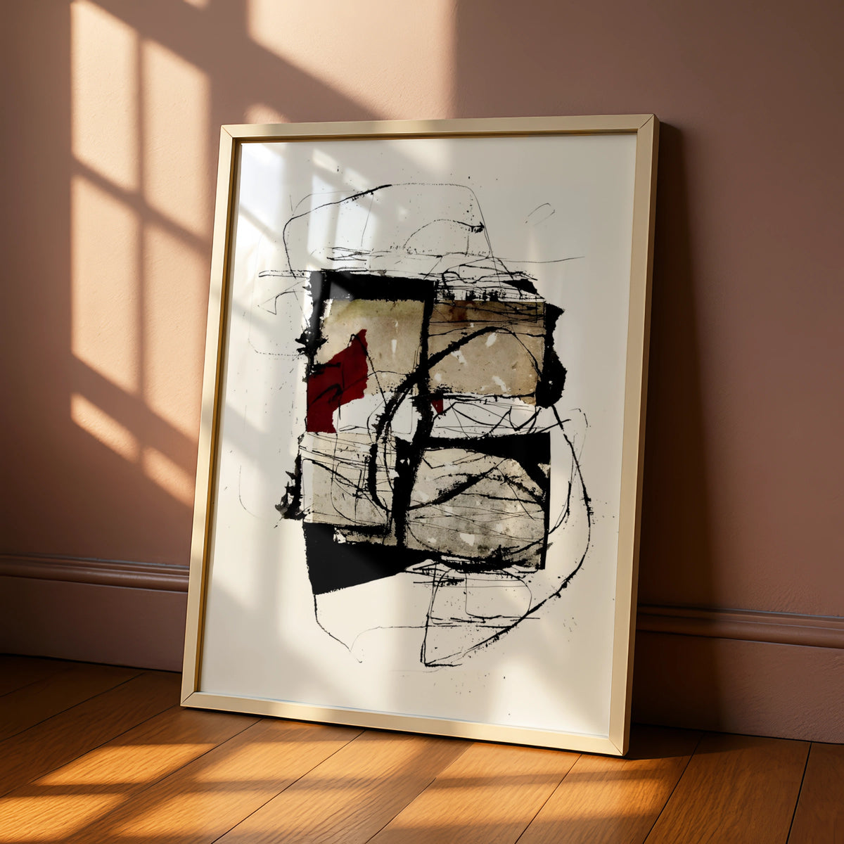 Abstract Ink Art Print, Monochrome Wall Art with Red Accent, Modern Contemporary Poster