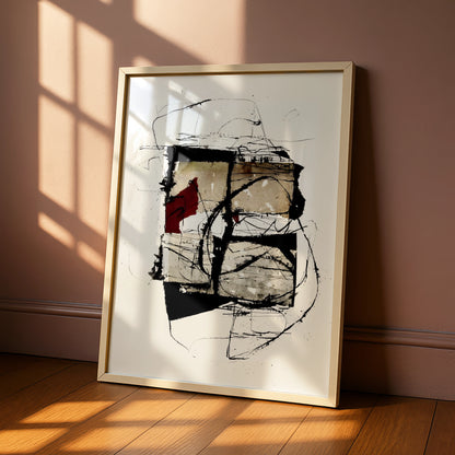 Abstract Ink Art Print, Monochrome Wall Art with Red Accent, Modern Contemporary Poster