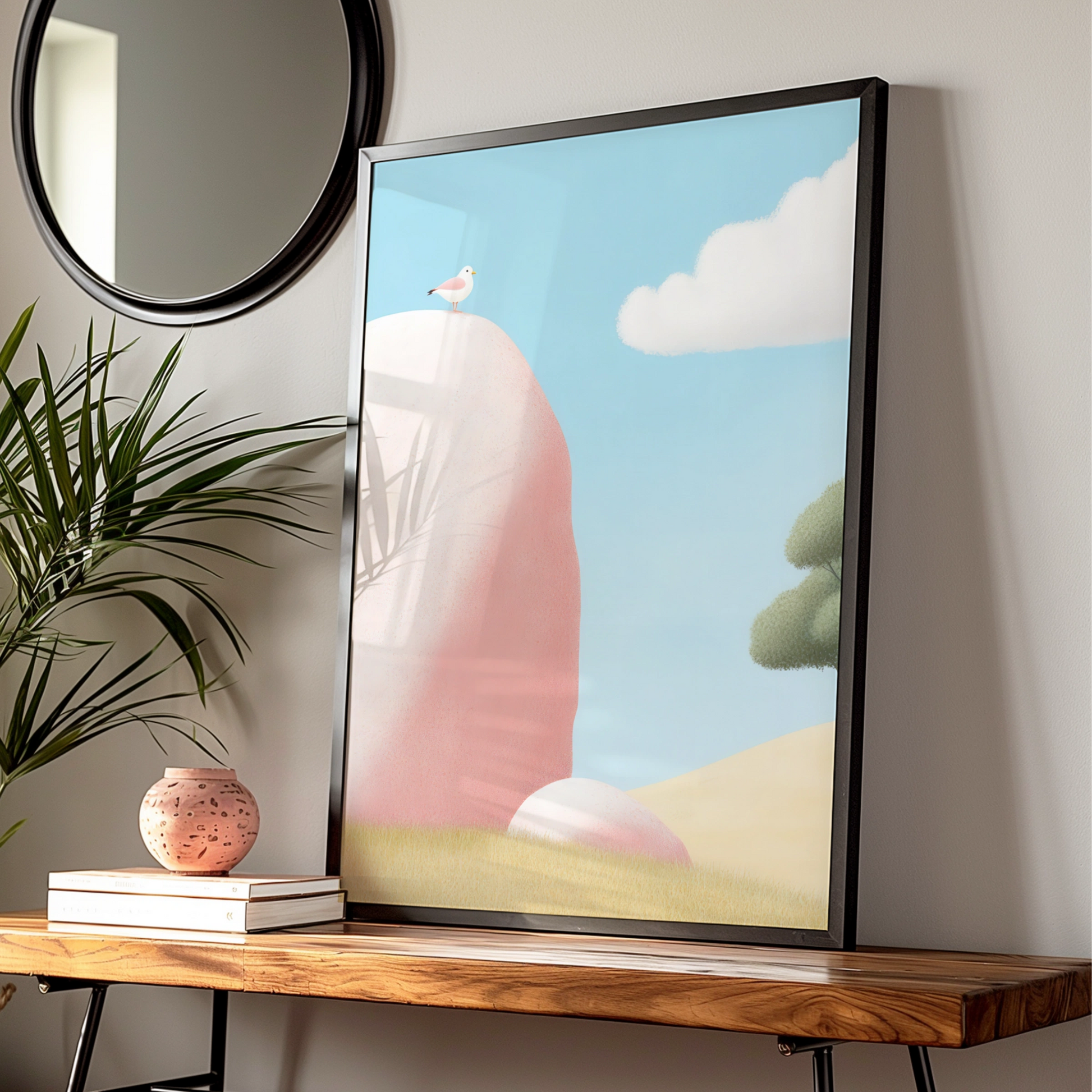 Nursery Wall Art Bird on Rock Print, Pastel Landscape Poster, Baby Room Decor