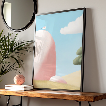 Nursery Wall Art Bird on Rock Print, Pastel Landscape Poster, Baby Room Decor