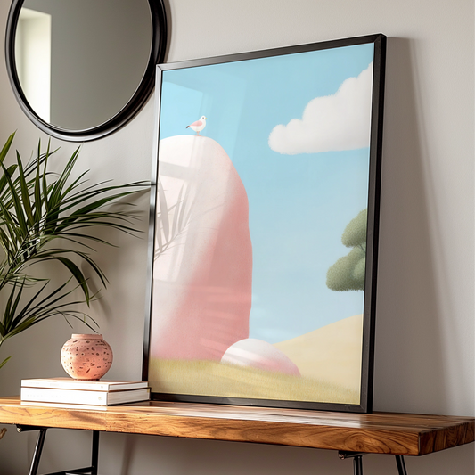 Nursery Wall Art Bird on Rock Print, Pastel Landscape Poster, Baby Room Decor