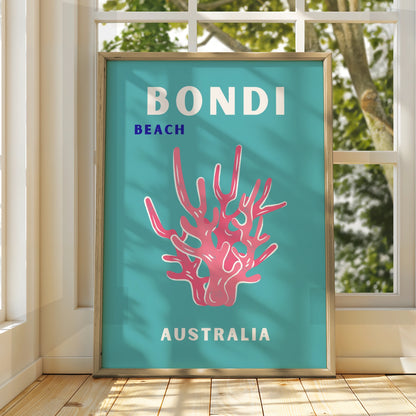 Bondi Beach Australia Travel Poster, Retro Coastal Wall Art, Teal Coral Print