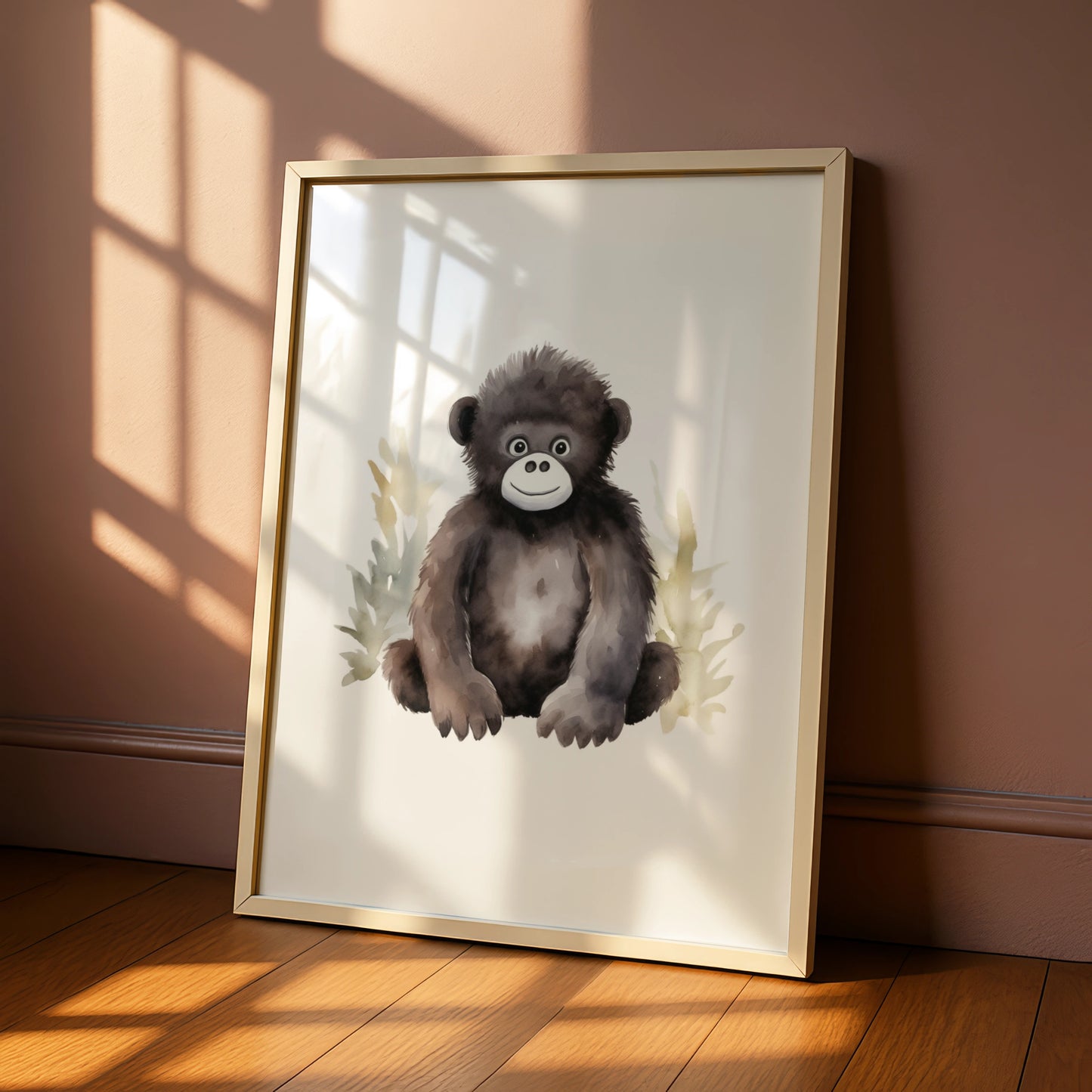 Baby Gorilla Nursery Wall Art, Cute Watercolour Animal Print, Kids Room Poster