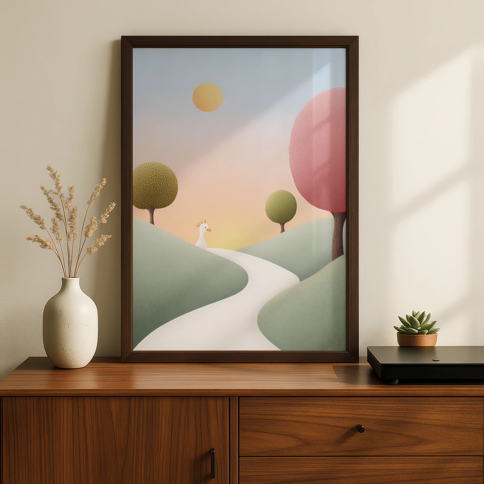 Nursery Wall Art Whimsical Landscape Print, Pastel Baby Room Poster, Cute Bird Decor