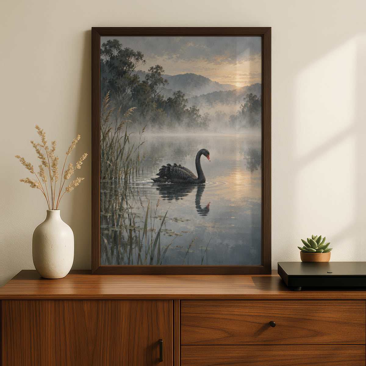 Black Swan Print, Australian Landscape Wall Art, Misty Lake Nature Poster, Wildlife Art