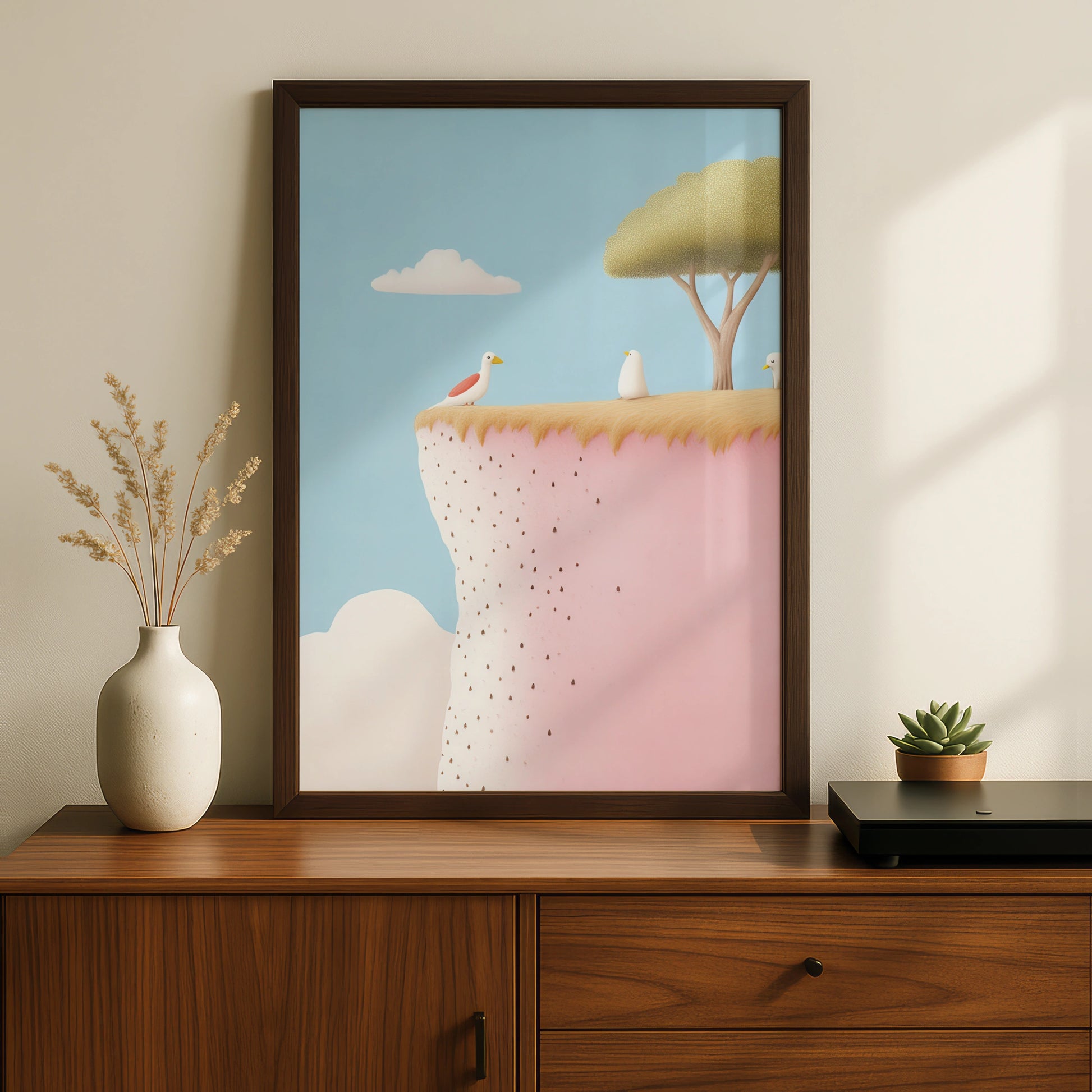 Nursery Wall Art Birds on Cliff Print, Pastel Blue Pink Children Poster, Kids Room Decor