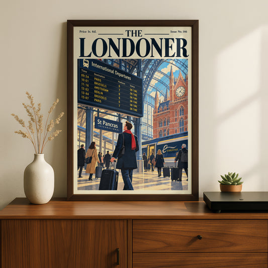St Pancras Station Poster, London Travel Wall Art, Vintage Magazine Cover Art Print, Train Decor