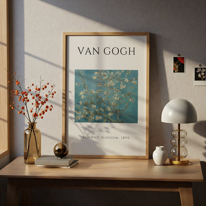 Van Gogh Almond Blossom Wall Art Print | Teal Floral Botanical Poster, Living Room Decor – A4 print