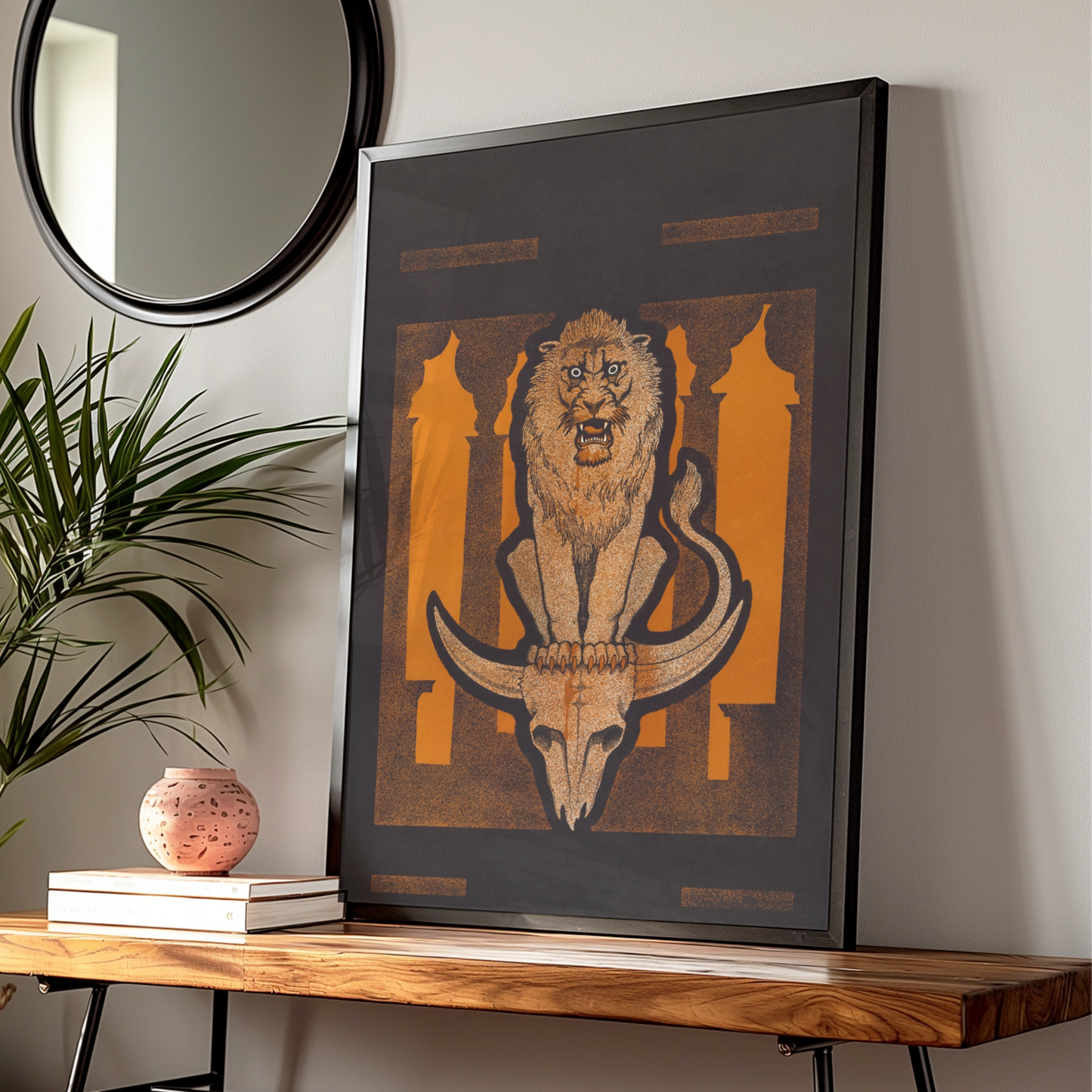 Halloween Lion Skull Art Print, Dark Gothic Poster, Orange Black Occult Wall Art