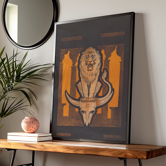 Halloween Lion Skull Art Print, Dark Gothic Poster, Orange Black Occult Wall Art