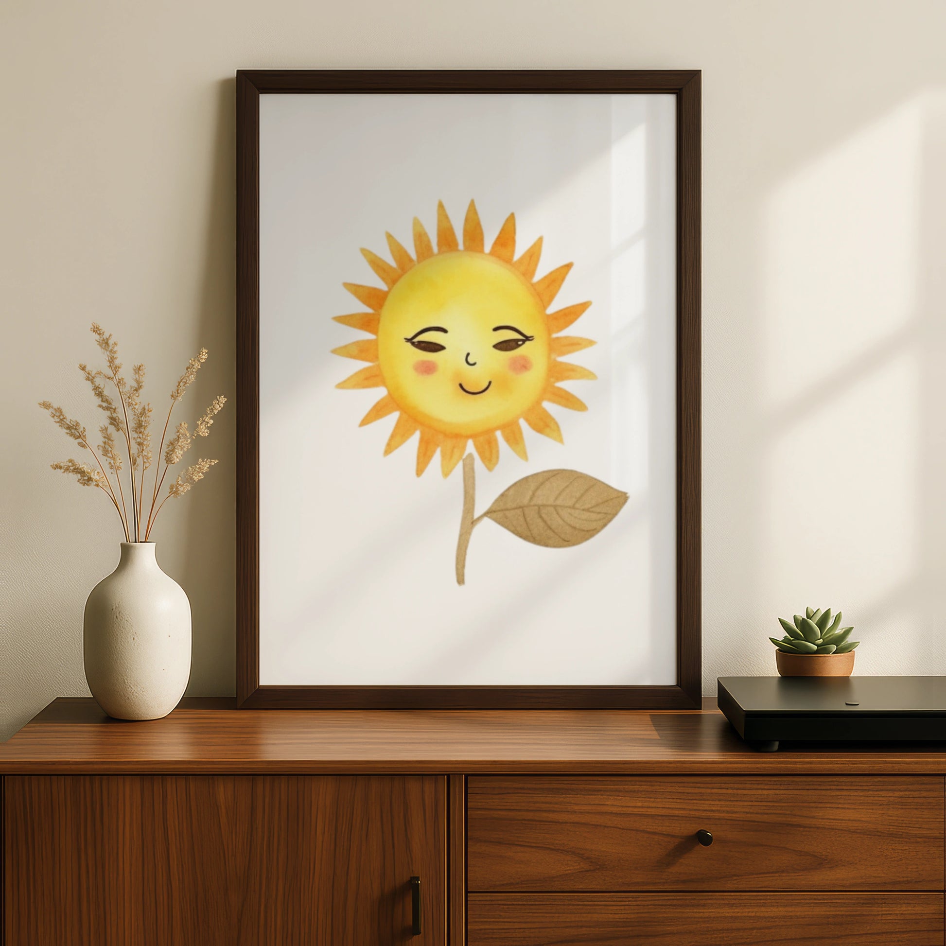 Cute Sun Nursery Wall Art, Watercolour Sunflower Poster, Baby Room Decor, Yellow Kids Print