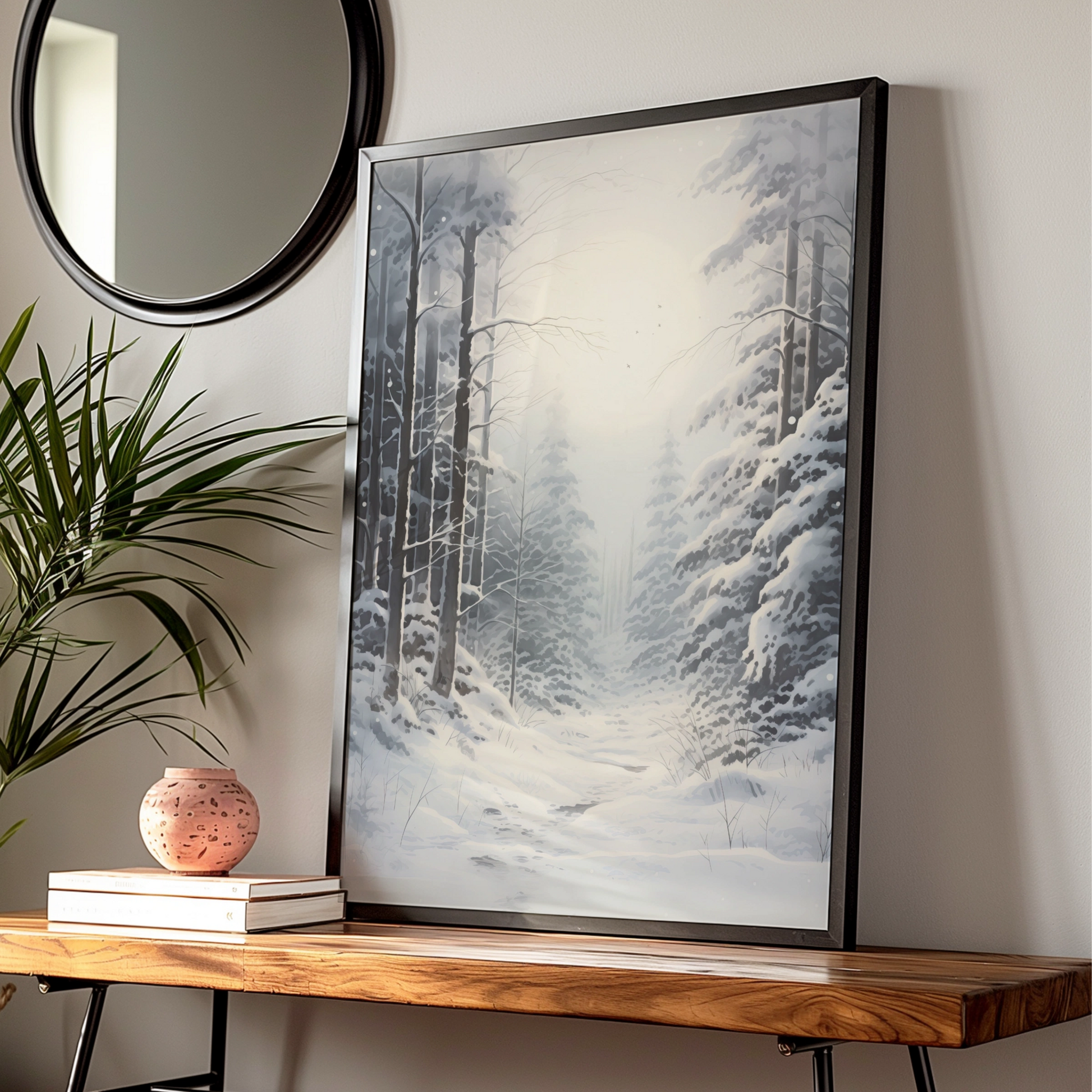 Snowy Winter Forest Christmas Poster, Grey White Woodland Wall Art, Festive Nature Print