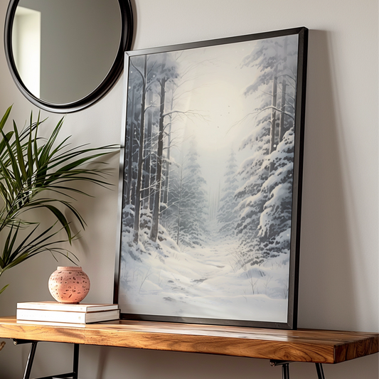 Snowy Winter Forest Christmas Poster, Grey White Woodland Wall Art, Festive Nature Print