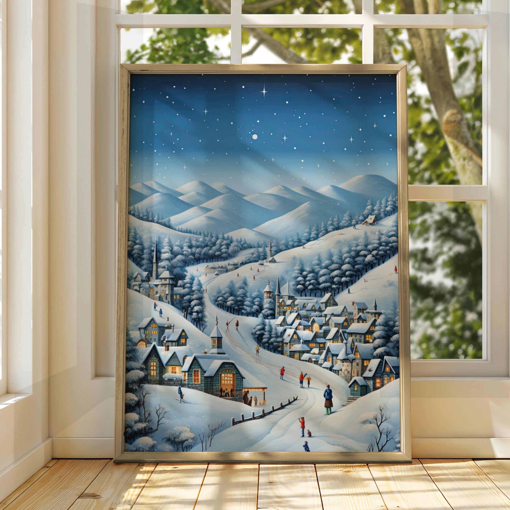Christmas Village Winter Poster, Snowy Night Scene Wall Art, Festive Holiday Print, Xmas Decor