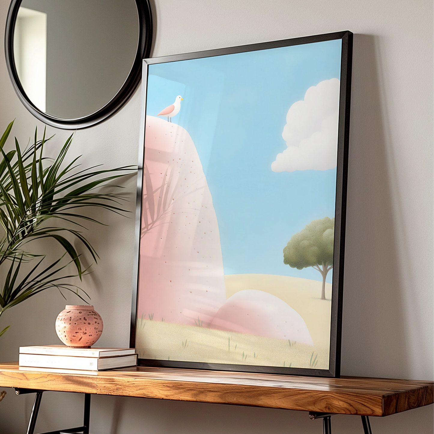 Nursery Wall Art Bird on Rock, Pastel Landscape Poster, Baby Room Decor Print